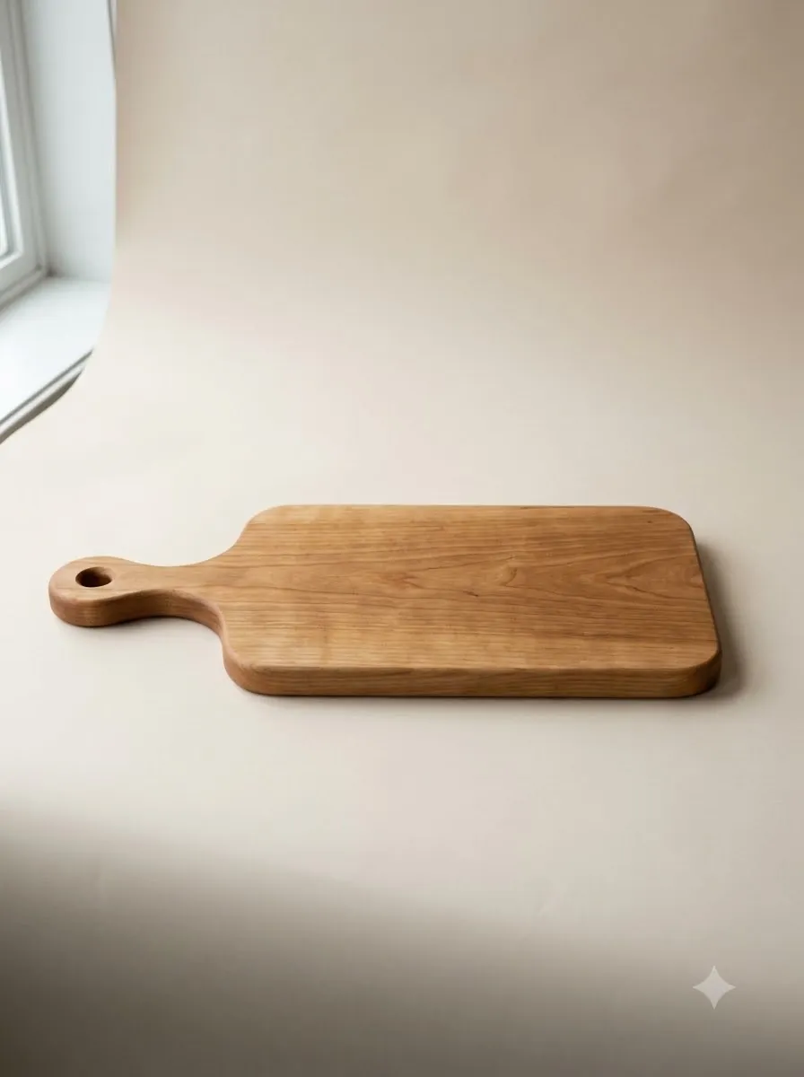 An oiled maple serving board with a rounded handle and a hanging hole