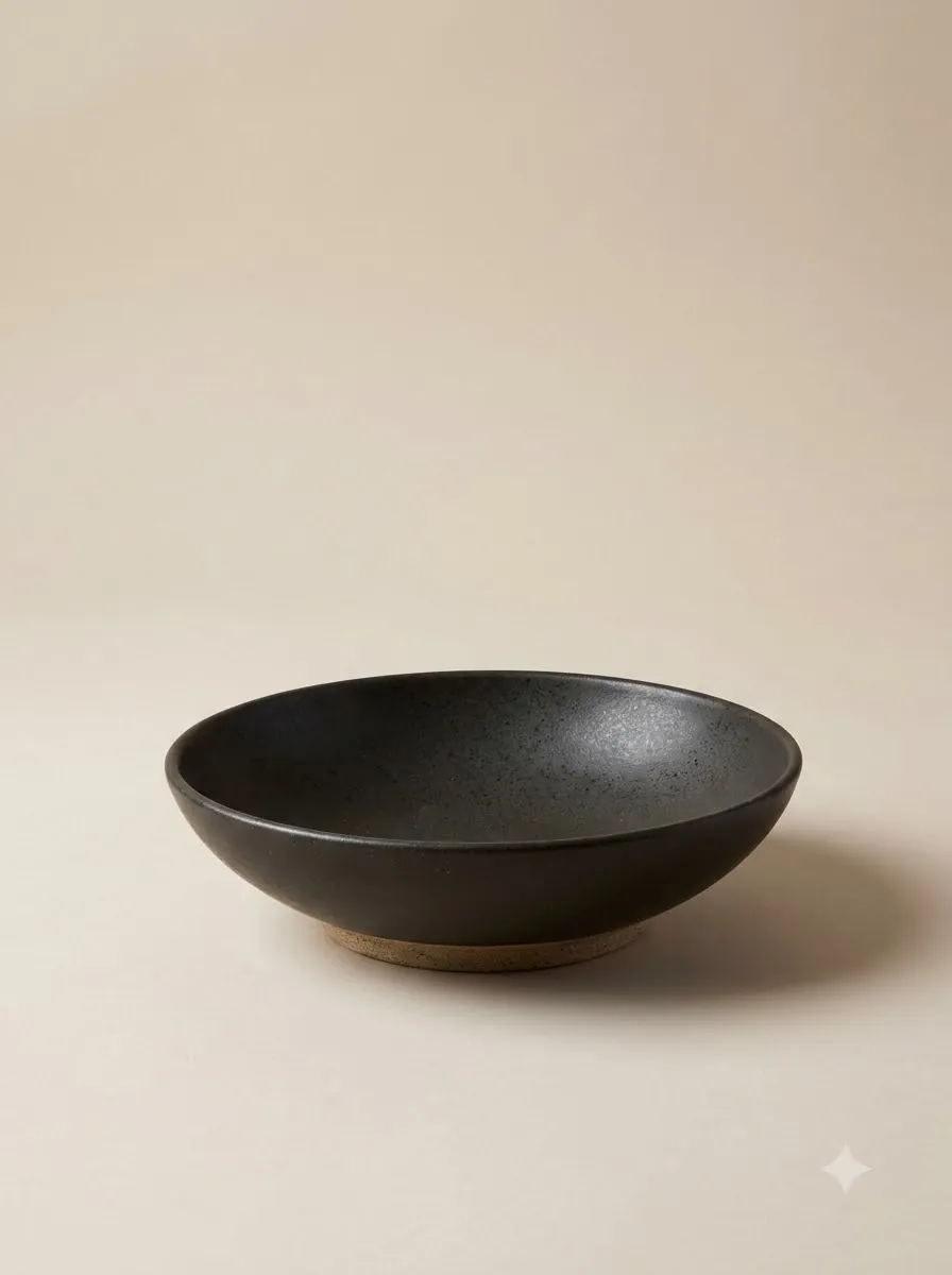 A wide, near-black speckled stoneware pasta bowl with a raw clay foot