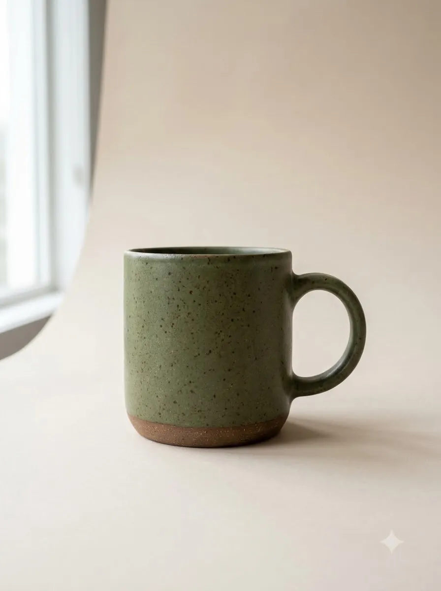 A moss-green speckled stoneware mug with a raw clay foot on a stone-coloured backdrop