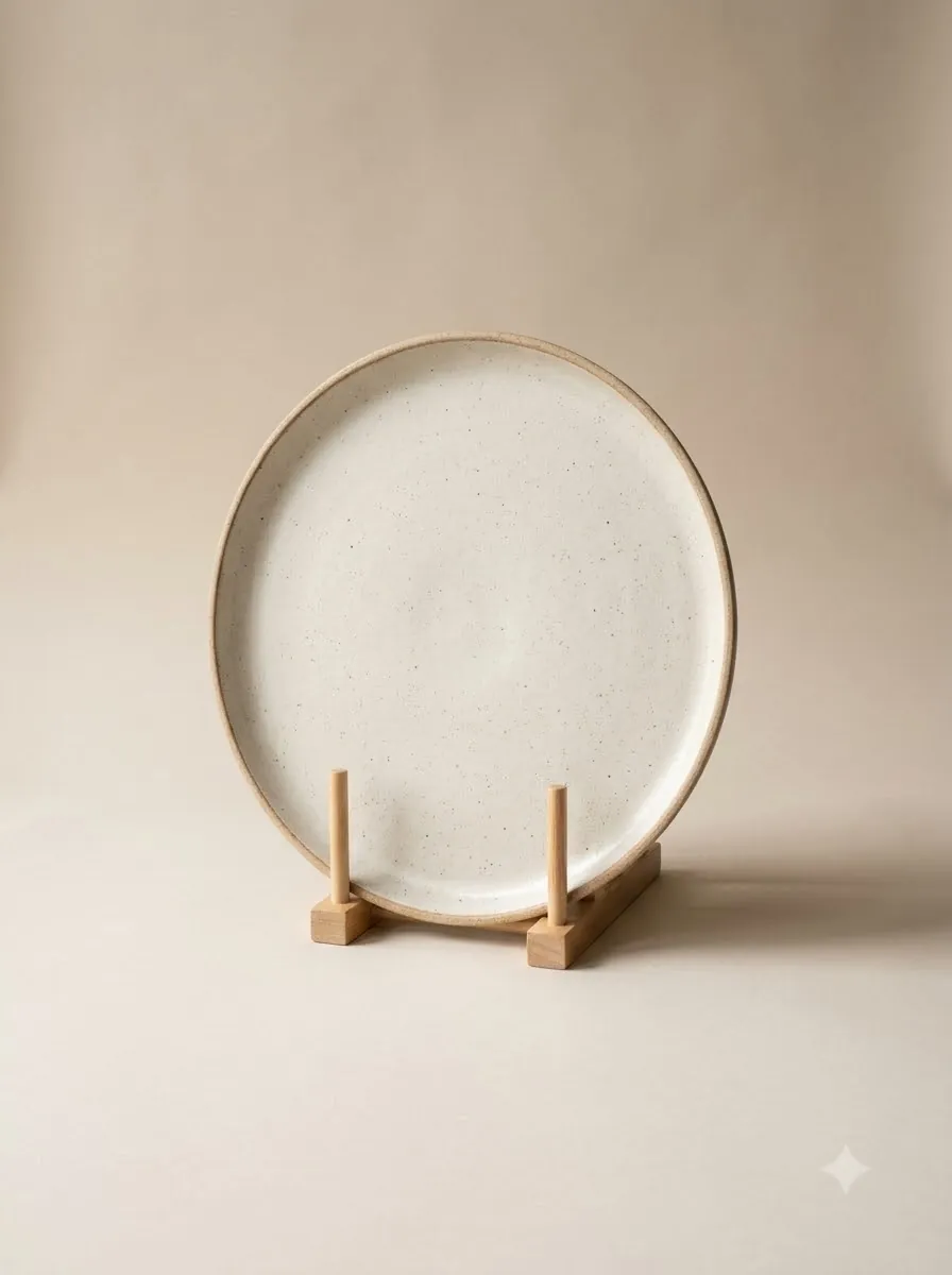 A warm-white speckled stoneware dinner plate with a raw clay rim on a wooden plate stand