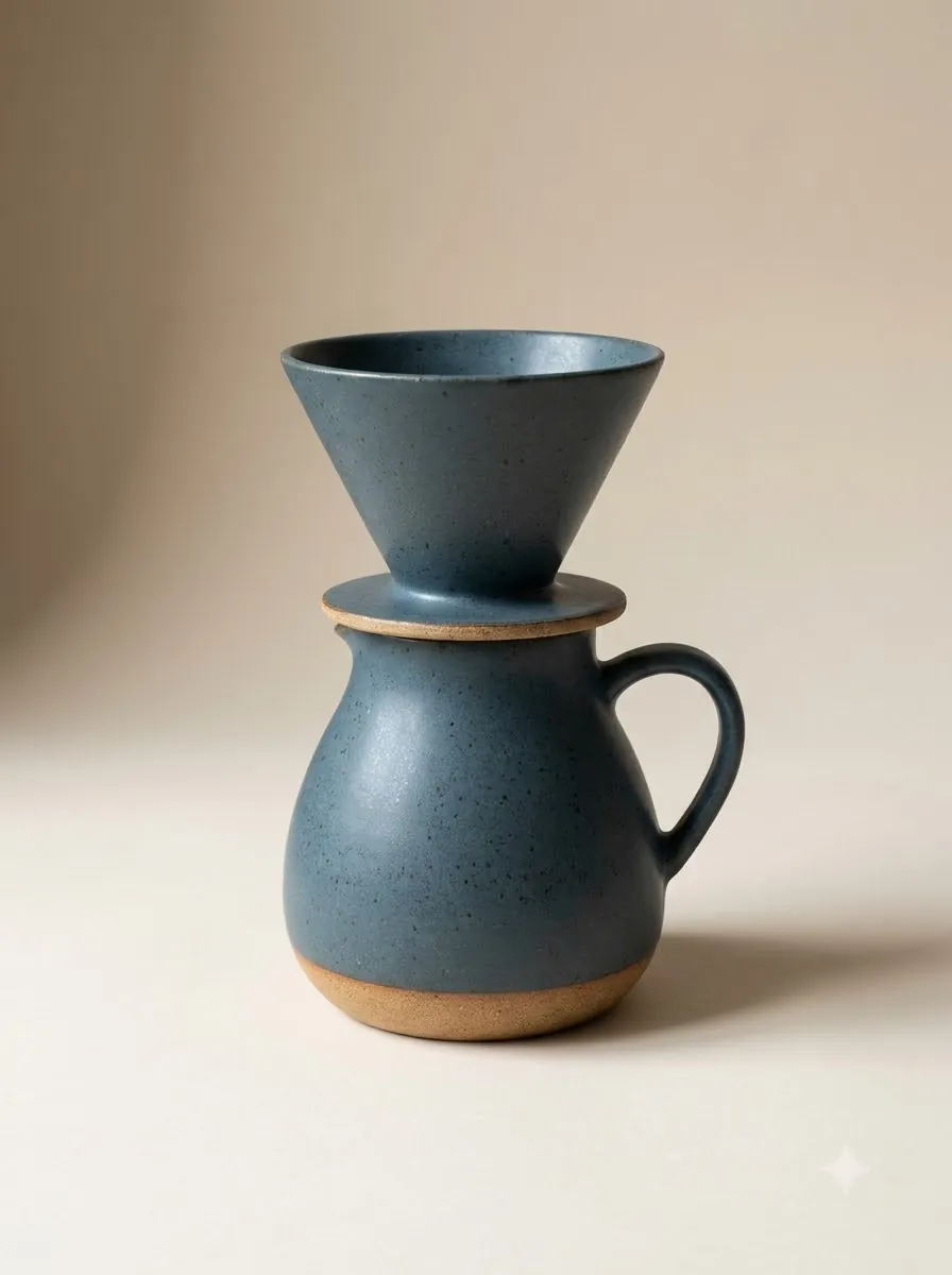 A river-blue stoneware pour-over cone sitting on its matching carafe