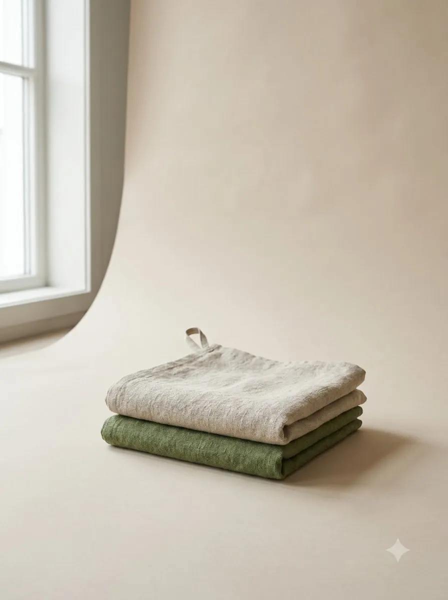 Two folded linen tea towels, oatmeal and moss green, with a hanging loop