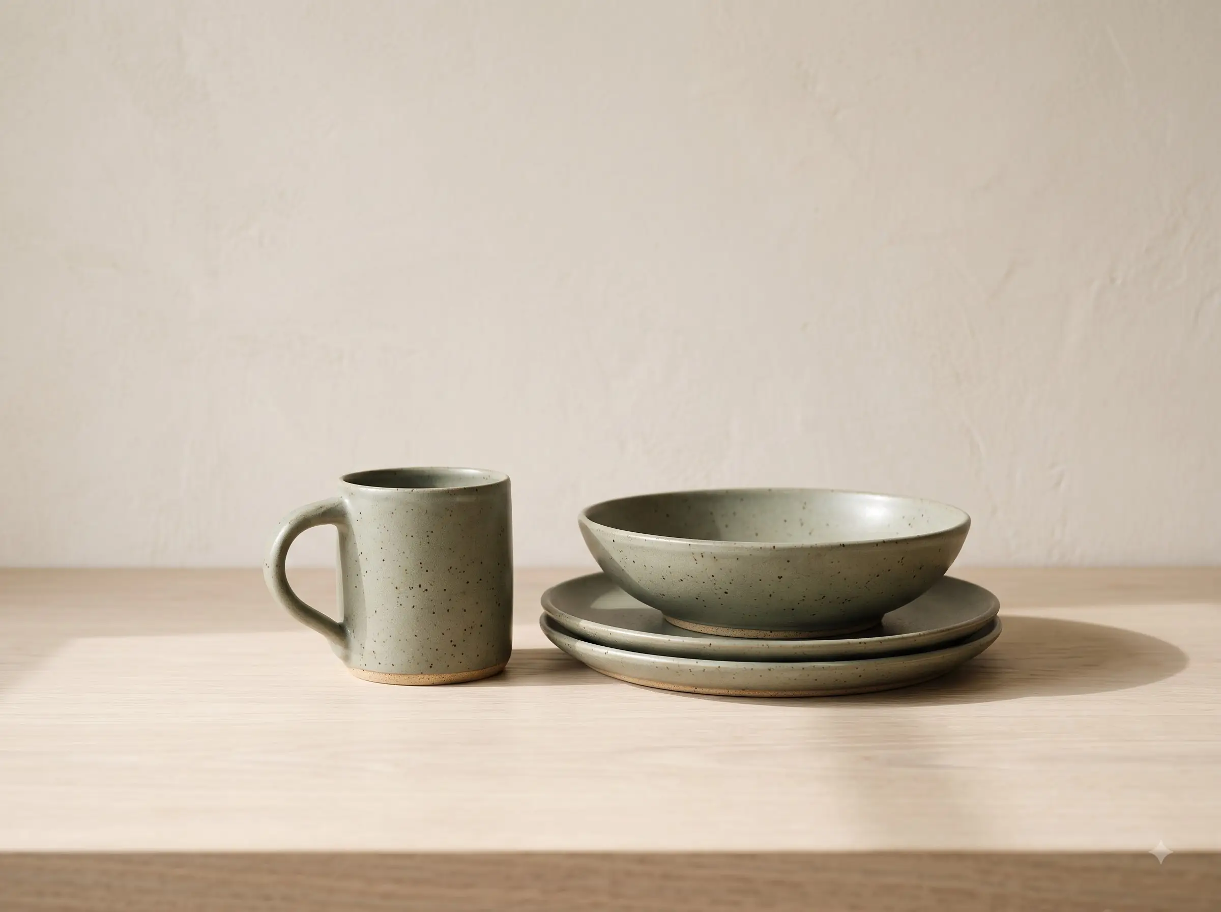 A sage-green speckled mug beside a pasta bowl stacked on two plates, on a pale oak counter in soft morning light