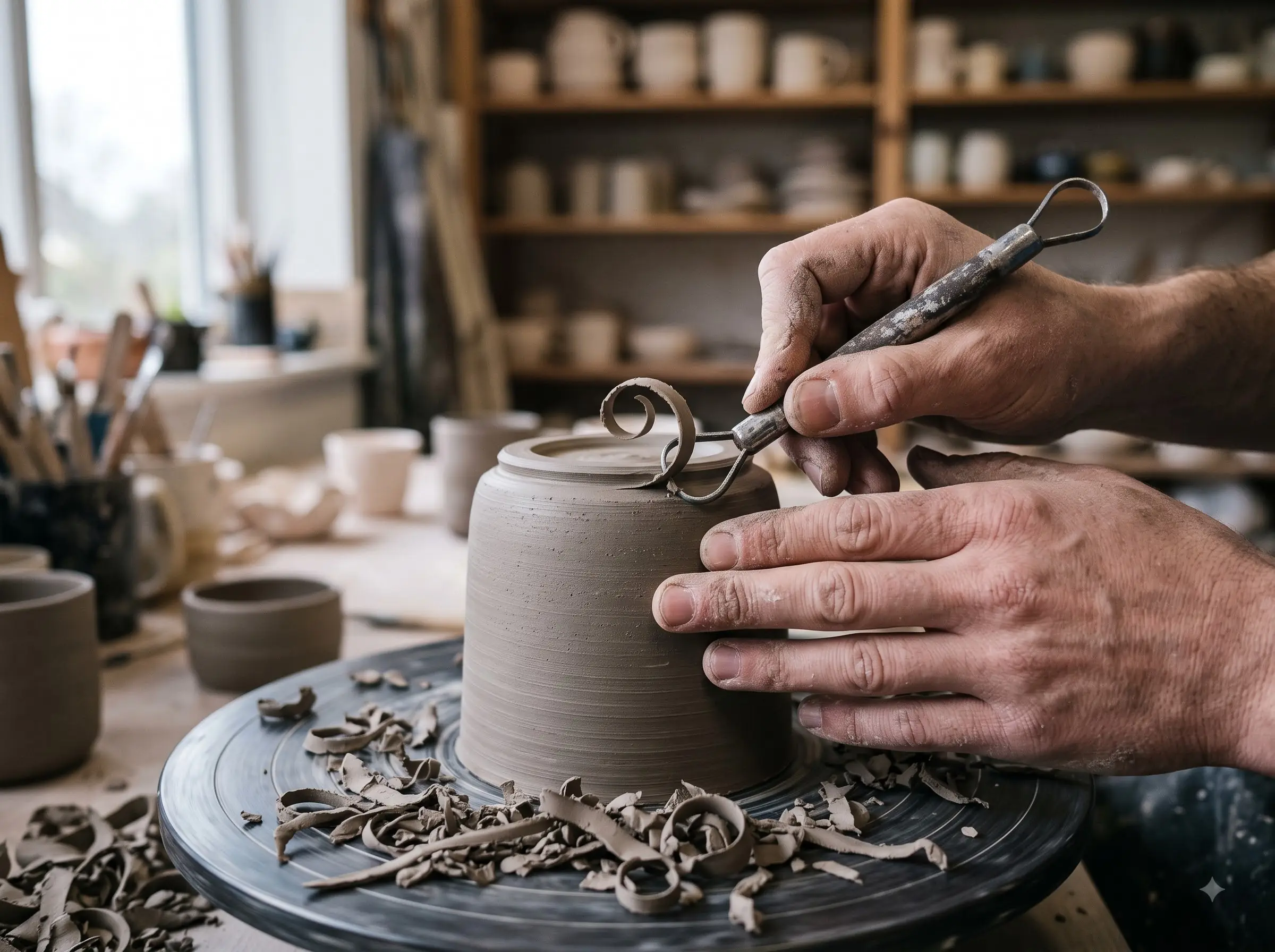 A potter's hands trimming the foot of an upside-down clay cylinder on the wheel with a loop tool, ribbons of clay on the wheel head