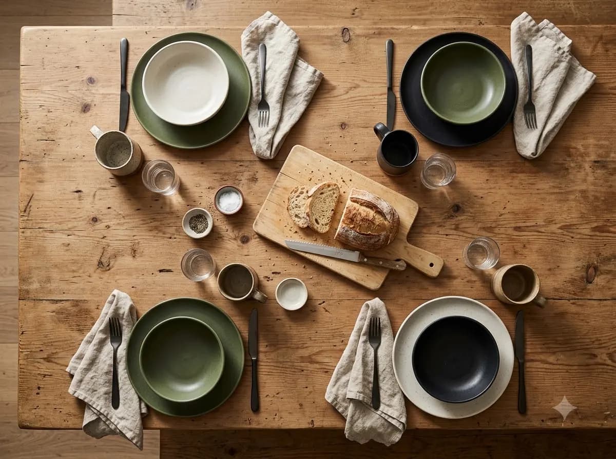 Overhead view of a wooden table set for four with bowls and plates in moss green, near-black and warm white, mugs, linen napkins and bread on a board