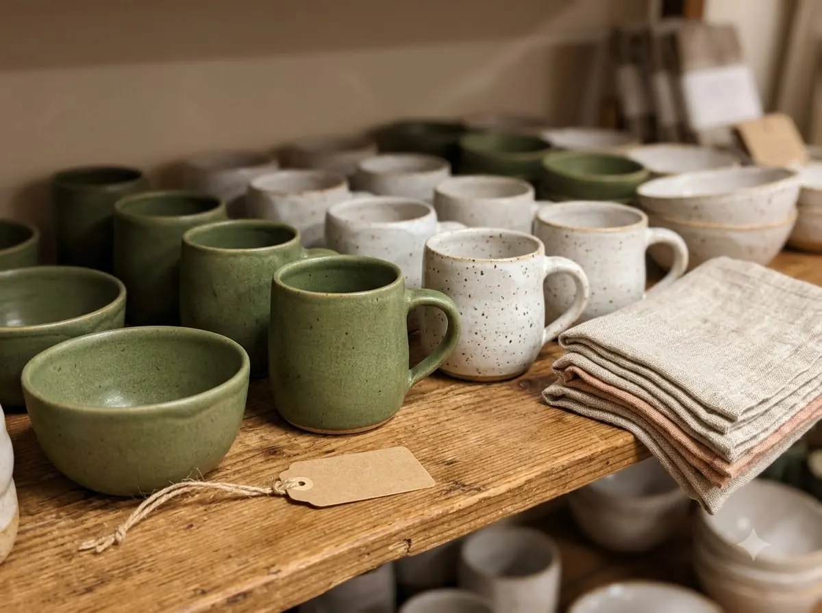 A home-goods boutique shelf stocked with speckled mugs and folded linen towels