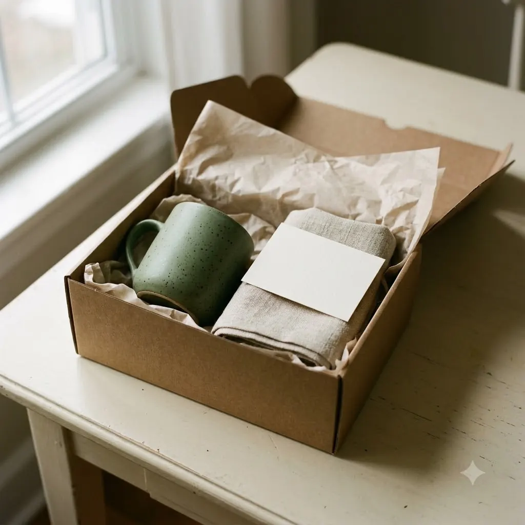 An open kraft gift box holding a moss-green mug and a folded linen towel